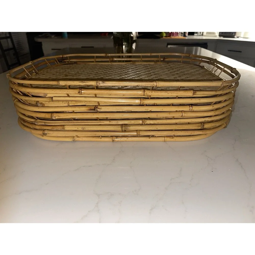 Vintage Mid Century Wicker Rattan Bamboo‎ Serving Trays Tiki Lap Stacking- 8